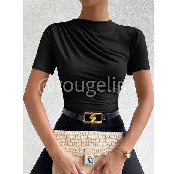 Ruched Black Asymmetrical Short Sleeve Bodysuit  Stretchy - Picture 2 of 10